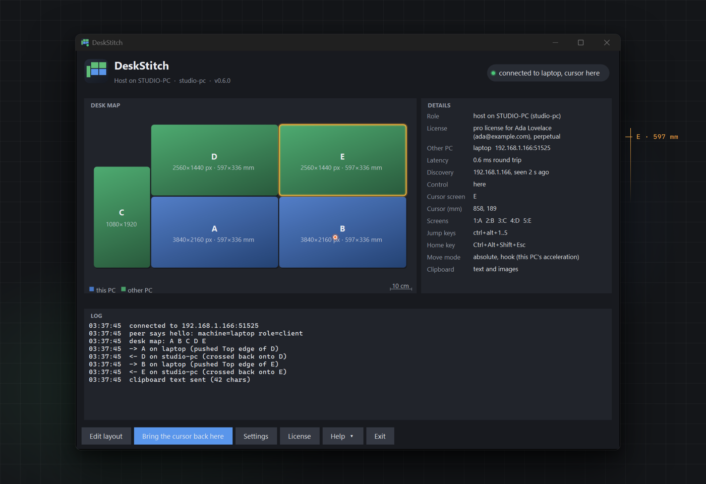 DeskStitch status window with the desk map, details and log